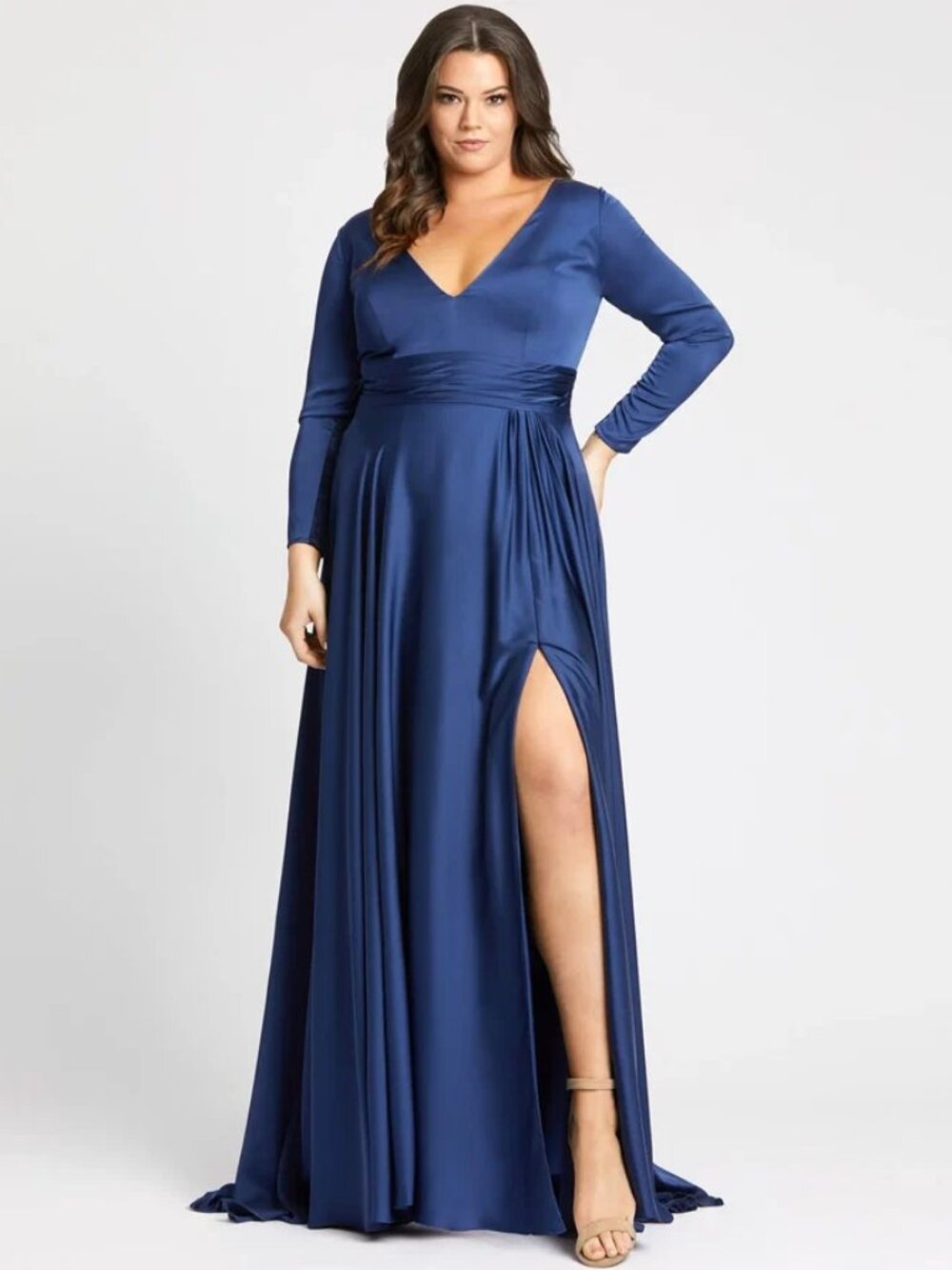 Ieena For MacDuggal Gown Dress Satin V Neck Long Sleeve Pleated Blue Plus 14 14W